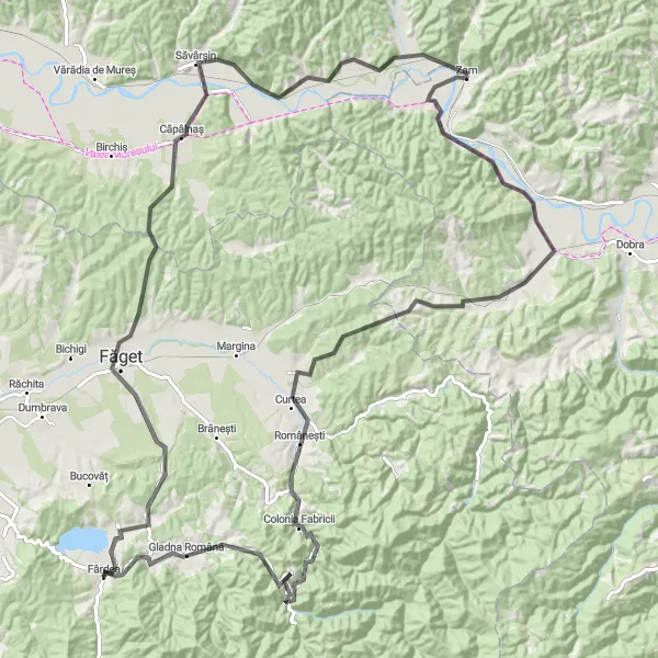 Map miniature of "The Făget Discovery Ride" cycling inspiration in Vest, Romania. Generated by Tarmacs.app cycling route planner