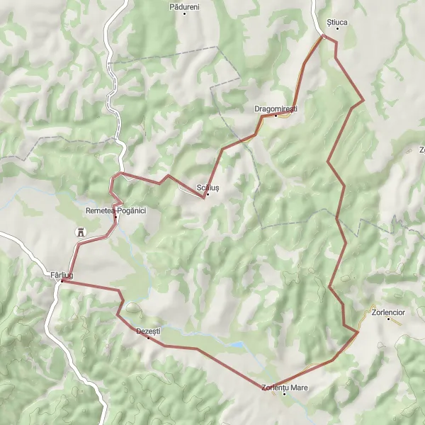 Map miniature of "Fârliug - Remetea-Pogănici - Dragomirești - Dezești Circuit" cycling inspiration in Vest, Romania. Generated by Tarmacs.app cycling route planner