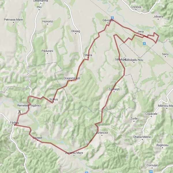 Map miniature of "Fârliug - Remetea-Pogănici - Găvojdia - Sălbăgel - Fârliug Circuit" cycling inspiration in Vest, Romania. Generated by Tarmacs.app cycling route planner