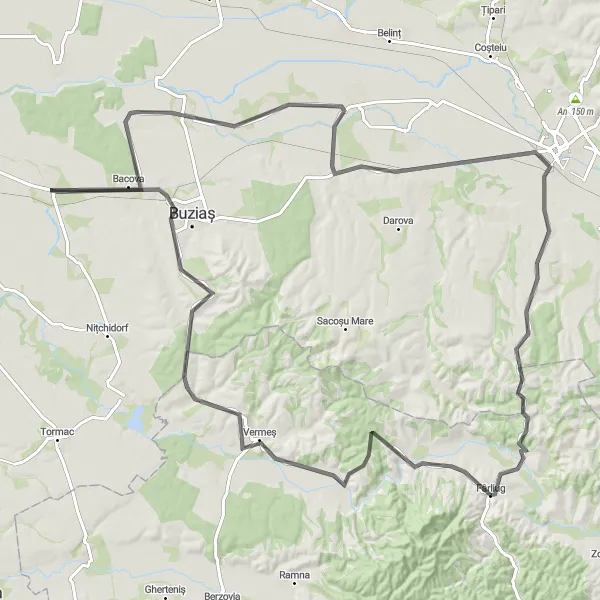 Map miniature of "Fârliug - Valea Mare - Bacova - Racovița - Victor Vlad Delamarina - Remetea-Pogănici Circuit" cycling inspiration in Vest, Romania. Generated by Tarmacs.app cycling route planner