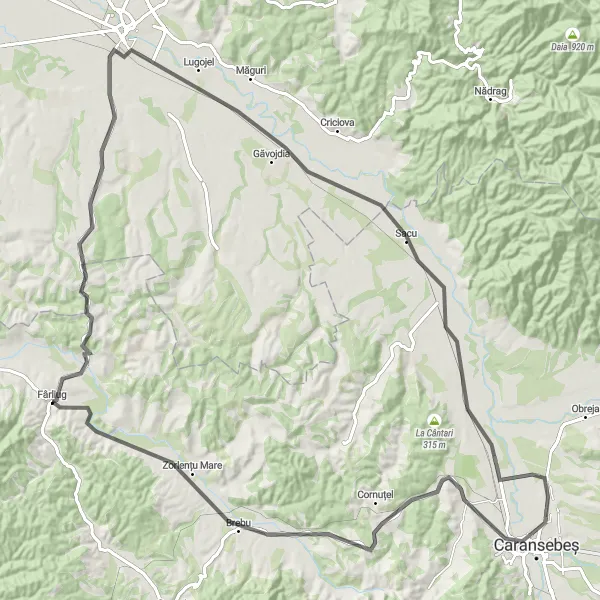 Map miniature of "Fârliug - Remetea-Pogănici - Victor Vlad Delamarina - Jena - Zăgujeni - Caransebeș - Dezești Circuit" cycling inspiration in Vest, Romania. Generated by Tarmacs.app cycling route planner