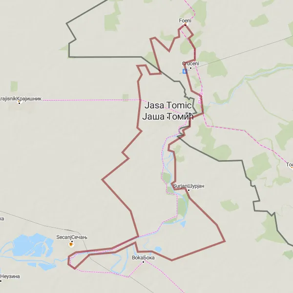 Map miniature of "The Surjan Gravel Escape" cycling inspiration in Vest, Romania. Generated by Tarmacs.app cycling route planner