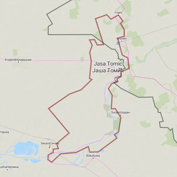 Map miniature of "Foeni Gravel Adventure" cycling inspiration in Vest, Romania. Generated by Tarmacs.app cycling route planner