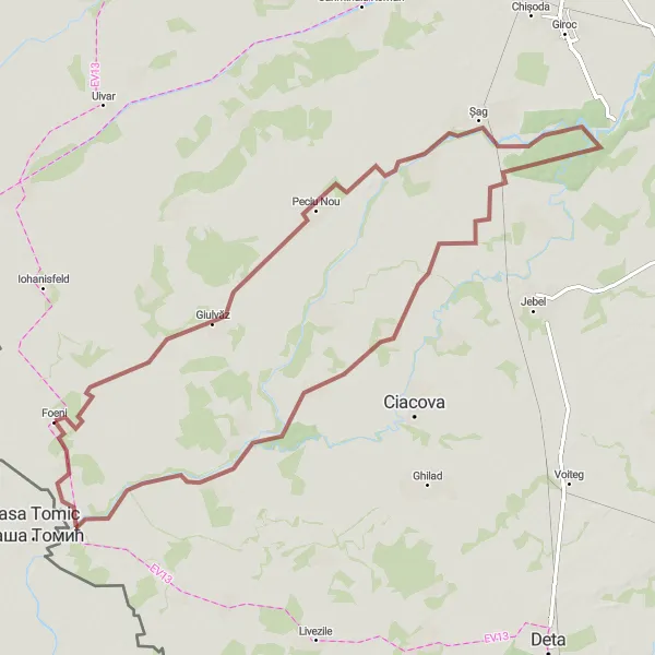 Map miniature of "The Giulvăz Gravel Loop" cycling inspiration in Vest, Romania. Generated by Tarmacs.app cycling route planner