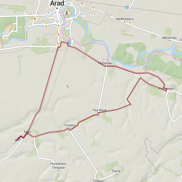 Map miniature of "The Tisa Nouă Gravel Delight" cycling inspiration in Vest, Romania. Generated by Tarmacs.app cycling route planner