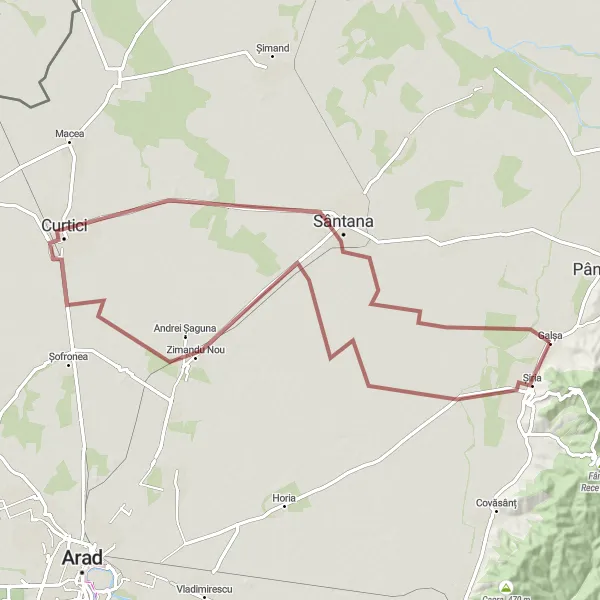 Map miniature of "Around Galșa on Gravel Roads" cycling inspiration in Vest, Romania. Generated by Tarmacs.app cycling route planner