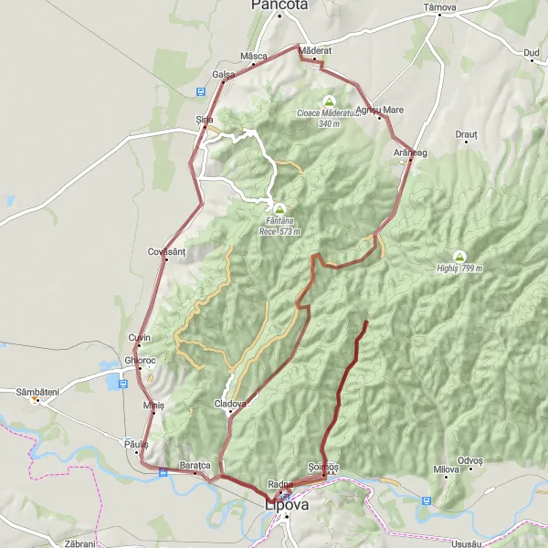 Map miniature of "Challenging Gravel Loop near Galșa" cycling inspiration in Vest, Romania. Generated by Tarmacs.app cycling route planner