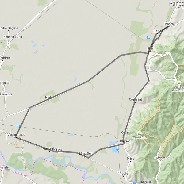 Map miniature of "Ghioroc Loop" cycling inspiration in Vest, Romania. Generated by Tarmacs.app cycling route planner