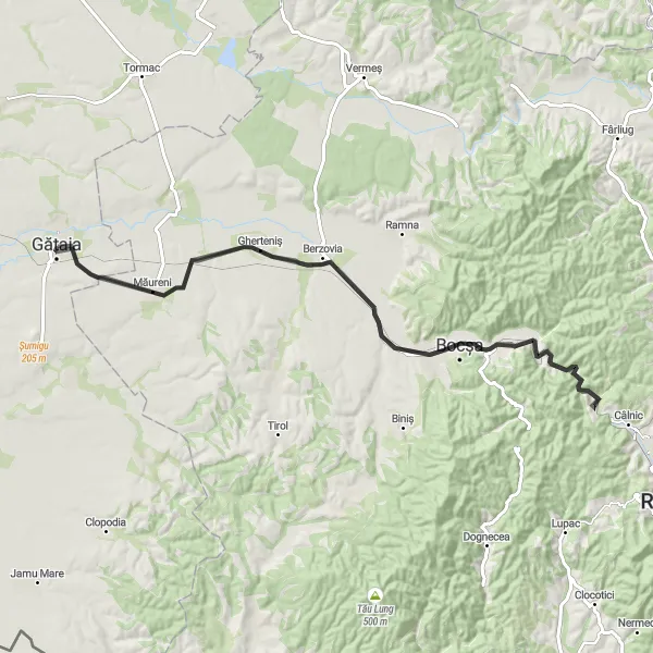 Map miniature of "Gătaia - Bocșa Loop" cycling inspiration in Vest, Romania. Generated by Tarmacs.app cycling route planner