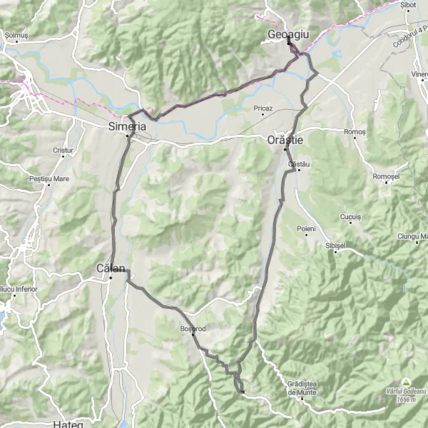 Map miniature of "Historical Odyssey" cycling inspiration in Vest, Romania. Generated by Tarmacs.app cycling route planner