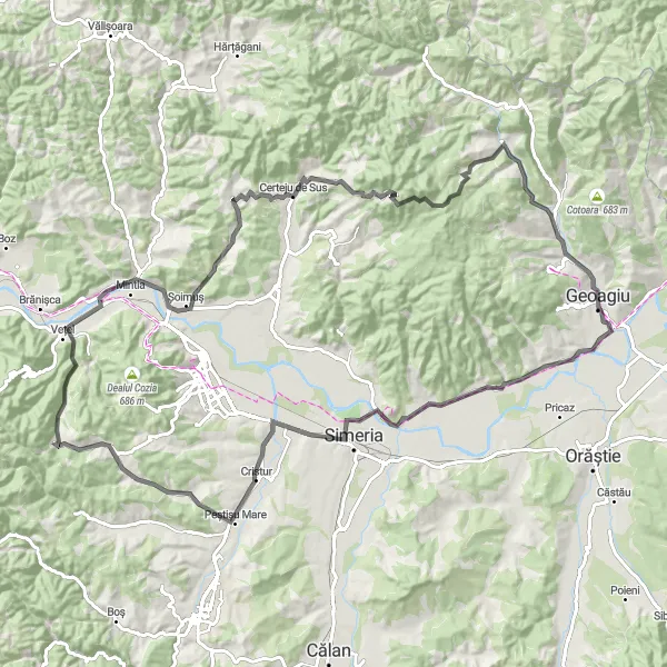 Map miniature of "Mountainous Adventure" cycling inspiration in Vest, Romania. Generated by Tarmacs.app cycling route planner