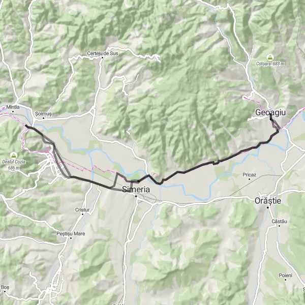 Map miniature of "Serene Countryside" cycling inspiration in Vest, Romania. Generated by Tarmacs.app cycling route planner