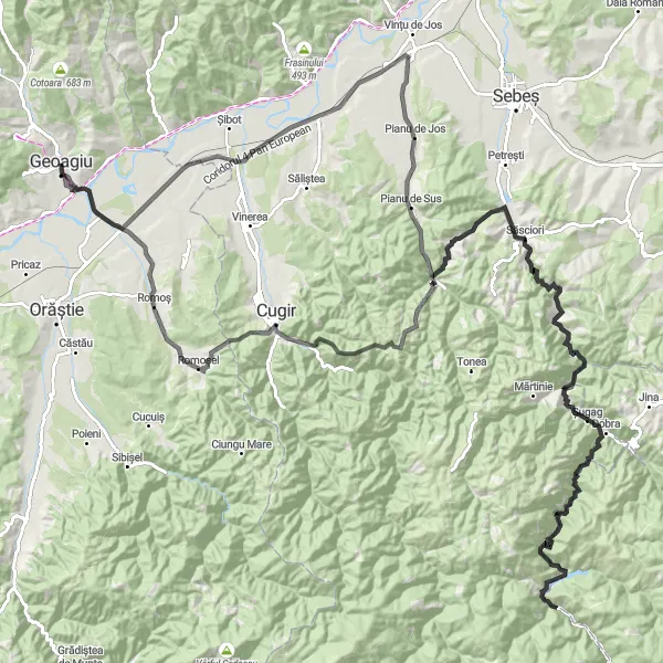 Map miniature of "Pianu Loop" cycling inspiration in Vest, Romania. Generated by Tarmacs.app cycling route planner