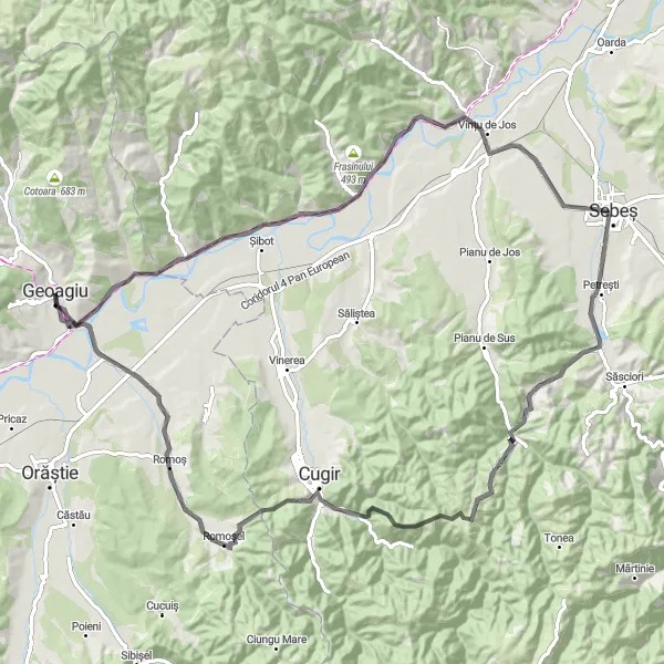 Map miniature of "Geoagiu Serpentine" cycling inspiration in Vest, Romania. Generated by Tarmacs.app cycling route planner
