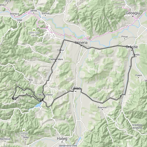 Map miniature of "The Ghelari Circuit" cycling inspiration in Vest, Romania. Generated by Tarmacs.app cycling route planner