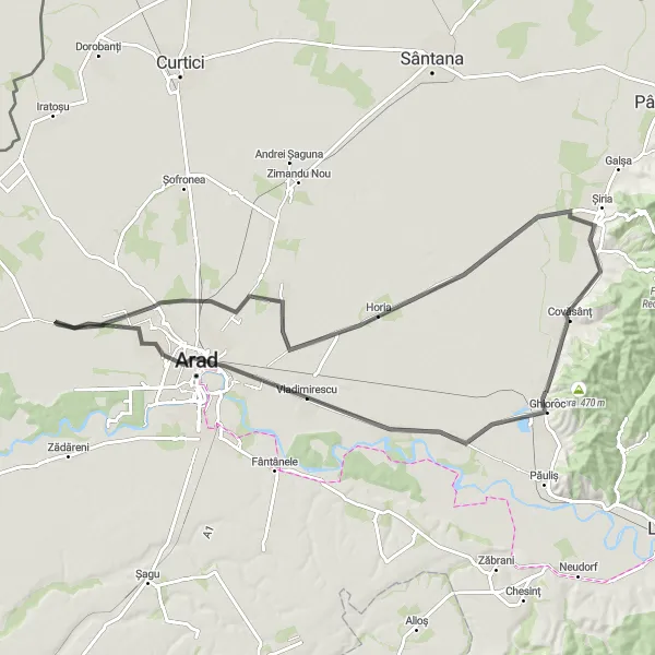 Map miniature of "The Arad Adventure" cycling inspiration in Vest, Romania. Generated by Tarmacs.app cycling route planner