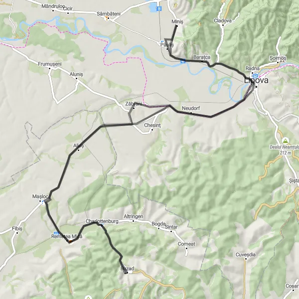 Map miniature of "The Neudorf Loop" cycling inspiration in Vest, Romania. Generated by Tarmacs.app cycling route planner