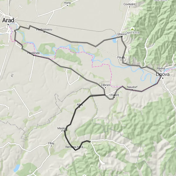 Map miniature of "The Păuliș Circuit" cycling inspiration in Vest, Romania. Generated by Tarmacs.app cycling route planner