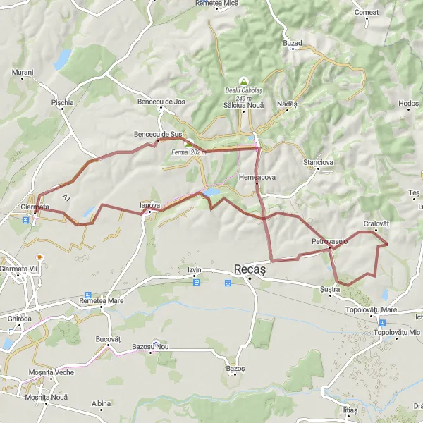 Map miniature of "Petrovaselo-Herneacova Loop" cycling inspiration in Vest, Romania. Generated by Tarmacs.app cycling route planner