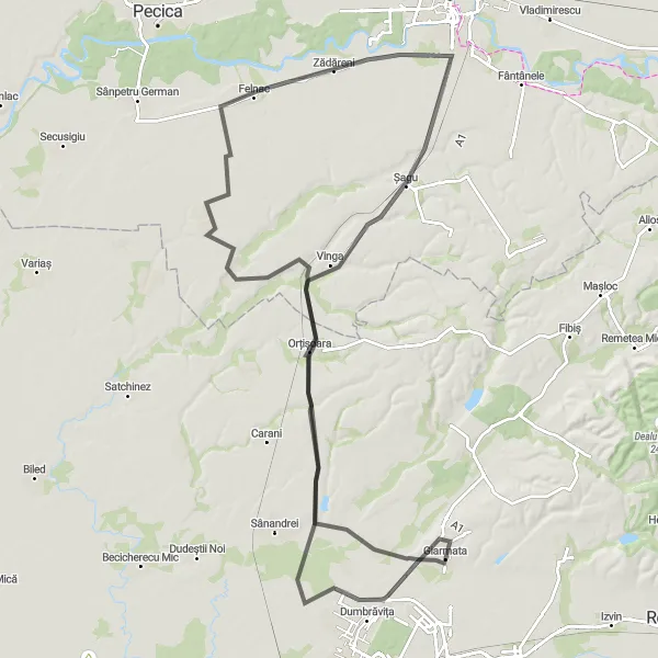 Map miniature of "Orțișoara-Vinga Loop" cycling inspiration in Vest, Romania. Generated by Tarmacs.app cycling route planner