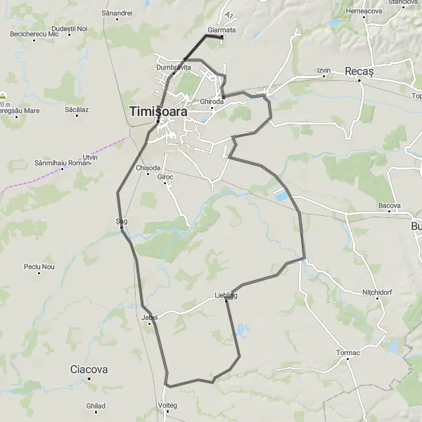 Map miniature of "Timișoara Countryside Ride" cycling inspiration in Vest, Romania. Generated by Tarmacs.app cycling route planner