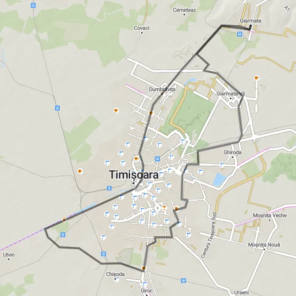 Map miniature of "Timișoara Loop" cycling inspiration in Vest, Romania. Generated by Tarmacs.app cycling route planner