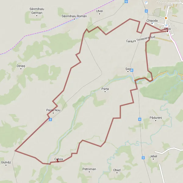 Map miniature of "The Serene Cebza Route" cycling inspiration in Vest, Romania. Generated by Tarmacs.app cycling route planner