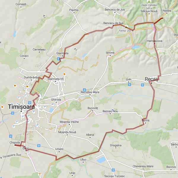 Map miniature of "The Recaș Adventure" cycling inspiration in Vest, Romania. Generated by Tarmacs.app cycling route planner