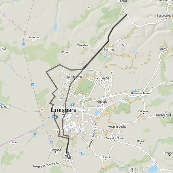 Map miniature of "The Dumbrăvița Exploration" cycling inspiration in Vest, Romania. Generated by Tarmacs.app cycling route planner