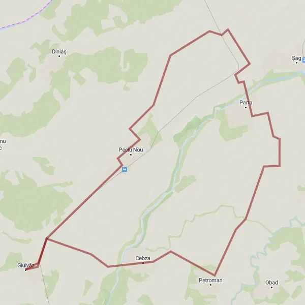 Map miniature of "Gravel ride from Peciu Nou to Giulvăz" cycling inspiration in Vest, Romania. Generated by Tarmacs.app cycling route planner