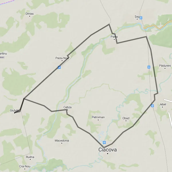 Map miniature of "Peciu Nou loop via Parța and Ciacova" cycling inspiration in Vest, Romania. Generated by Tarmacs.app cycling route planner