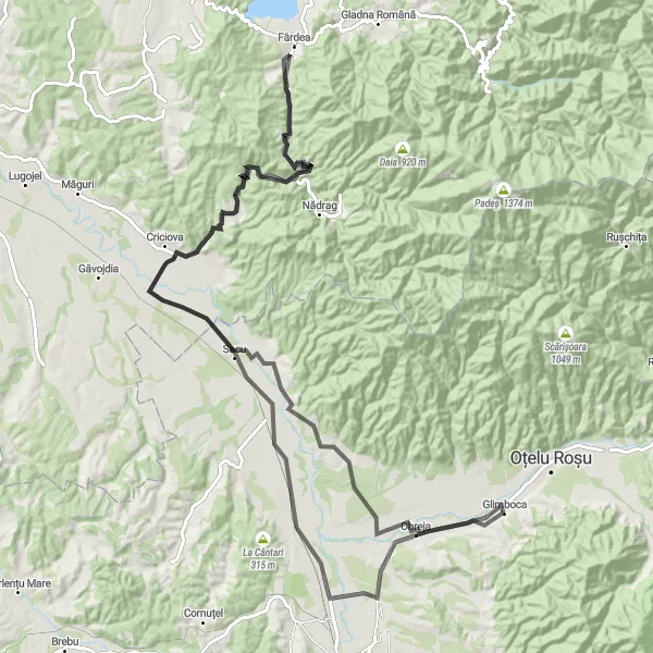 Map miniature of "Zăgujeni and Criciova Road Route" cycling inspiration in Vest, Romania. Generated by Tarmacs.app cycling route planner