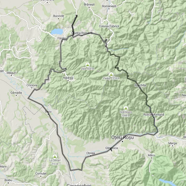 Map miniature of "Challenging Fârdea Loop" cycling inspiration in Vest, Romania. Generated by Tarmacs.app cycling route planner