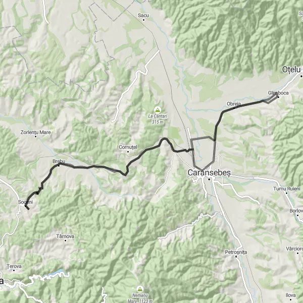 Map miniature of "Glimboca Scenic Road Ride" cycling inspiration in Vest, Romania. Generated by Tarmacs.app cycling route planner