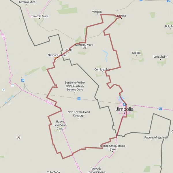 Map miniature of "Gravel Adventure near Gottlob" cycling inspiration in Vest, Romania. Generated by Tarmacs.app cycling route planner