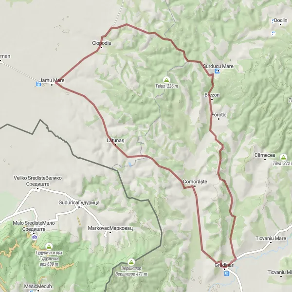 Map miniature of "The Countryside Gravel Escape" cycling inspiration in Vest, Romania. Generated by Tarmacs.app cycling route planner