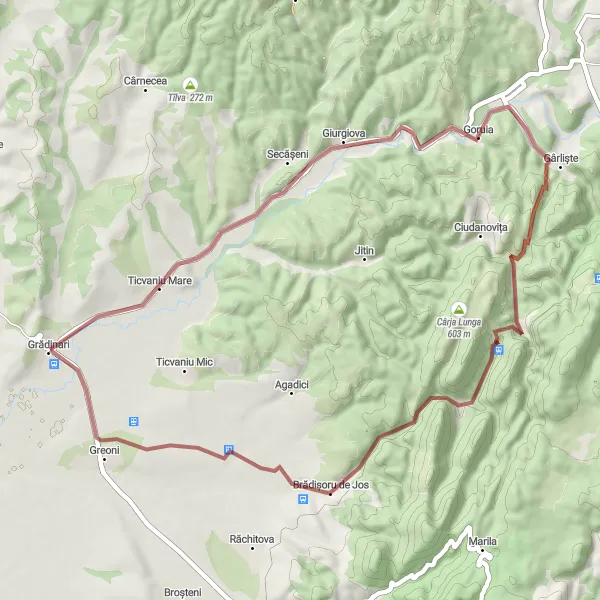 Map miniature of "Gravel Adventure" cycling inspiration in Vest, Romania. Generated by Tarmacs.app cycling route planner