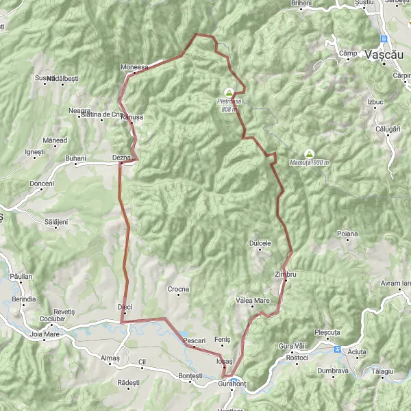 Map miniature of "Rănușa and Pietroasa Gravel Loop" cycling inspiration in Vest, Romania. Generated by Tarmacs.app cycling route planner