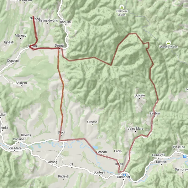 Map miniature of "Dieci and Dezna Gravel Adventure" cycling inspiration in Vest, Romania. Generated by Tarmacs.app cycling route planner