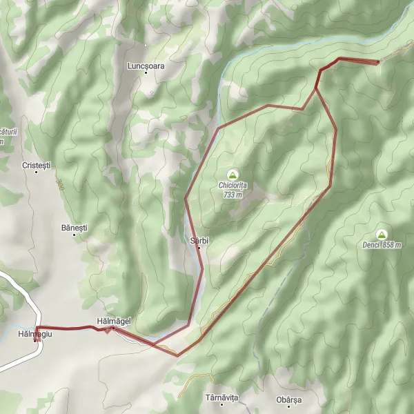 Map miniature of "The Chiciorița Gravel Challenge" cycling inspiration in Vest, Romania. Generated by Tarmacs.app cycling route planner