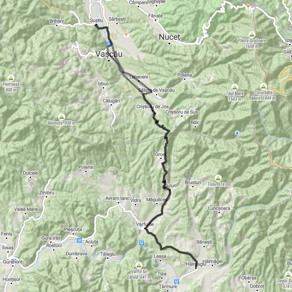 Map miniature of "Scenic Ride to Groși" cycling inspiration in Vest, Romania. Generated by Tarmacs.app cycling route planner