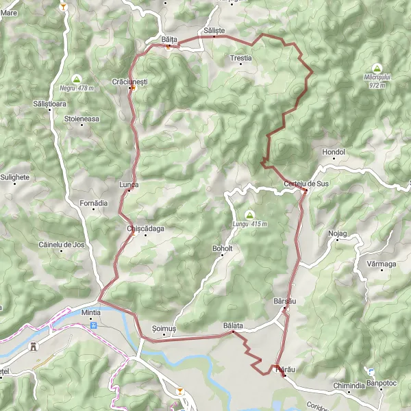 Map miniature of "Bălata Gravel Ride" cycling inspiration in Vest, Romania. Generated by Tarmacs.app cycling route planner