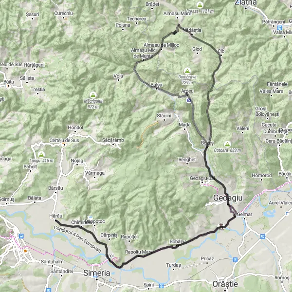 Map miniature of "The Germisara Loop" cycling inspiration in Vest, Romania. Generated by Tarmacs.app cycling route planner