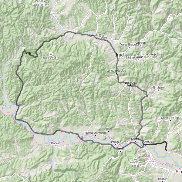 Map miniature of "Hărău Loop" cycling inspiration in Vest, Romania. Generated by Tarmacs.app cycling route planner