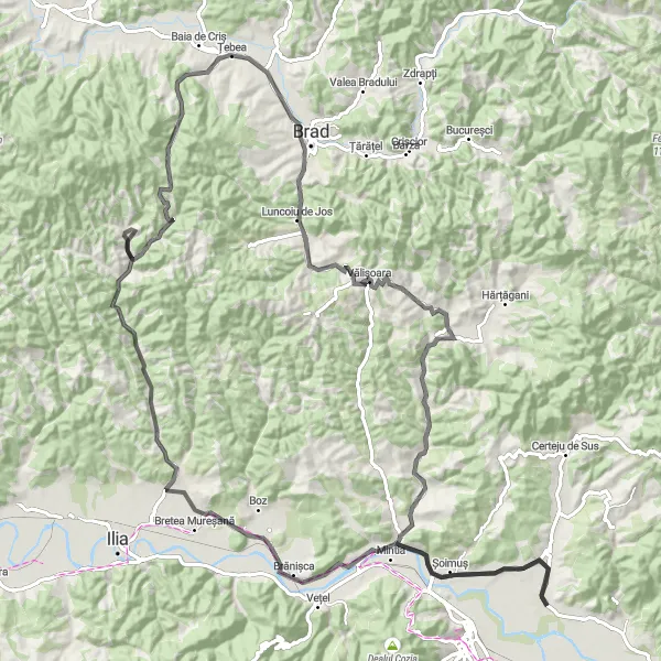 Map miniature of "The Hărău Loop" cycling inspiration in Vest, Romania. Generated by Tarmacs.app cycling route planner