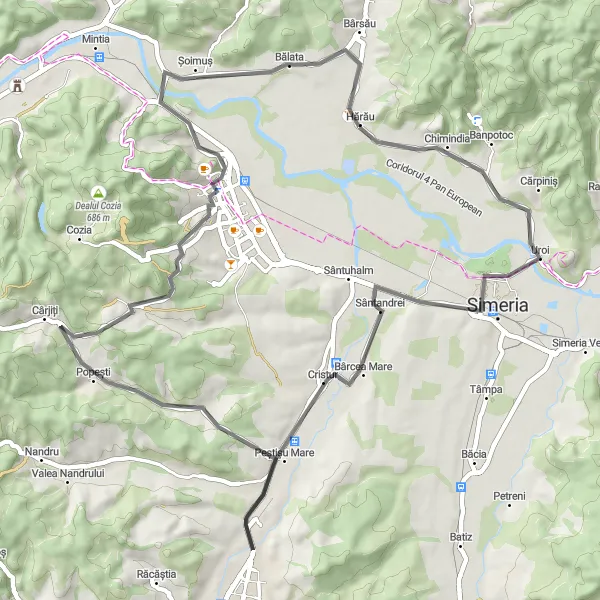 Map miniature of "Deva Discovery" cycling inspiration in Vest, Romania. Generated by Tarmacs.app cycling route planner