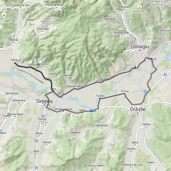 Map miniature of "The Transylvanian Escape" cycling inspiration in Vest, Romania. Generated by Tarmacs.app cycling route planner