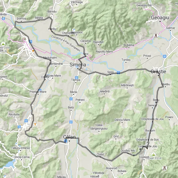 Map miniature of "The Uroi Challenge" cycling inspiration in Vest, Romania. Generated by Tarmacs.app cycling route planner