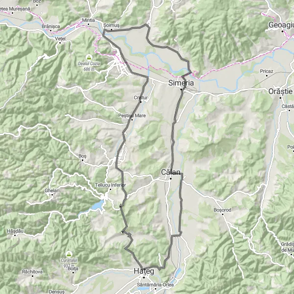 Map miniature of "The Calan Adventure" cycling inspiration in Vest, Romania. Generated by Tarmacs.app cycling route planner