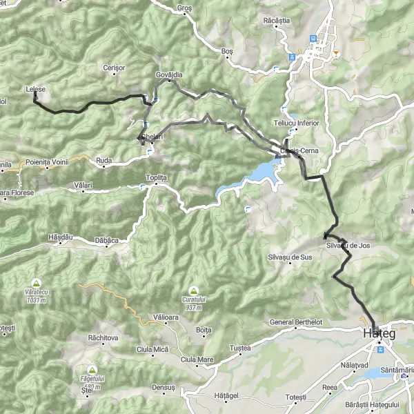 Map miniature of "Haţeg Gravel Adventure" cycling inspiration in Vest, Romania. Generated by Tarmacs.app cycling route planner